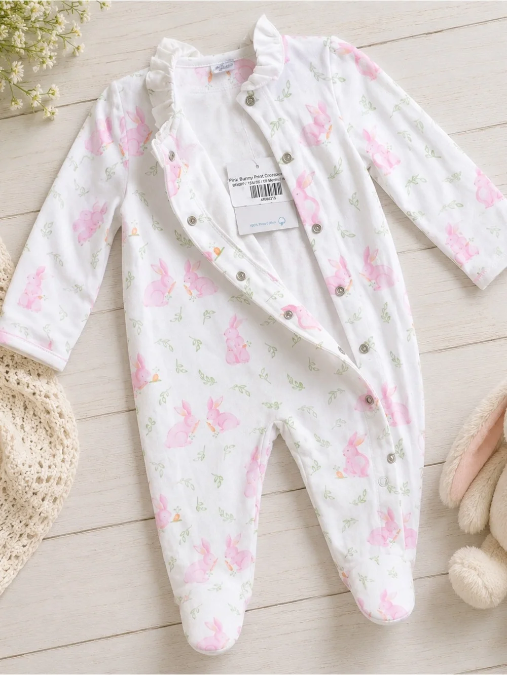 NWT Nellapima Pink Bunny Crossover Footie Pima Cotton 6-9M Ruffle Collar